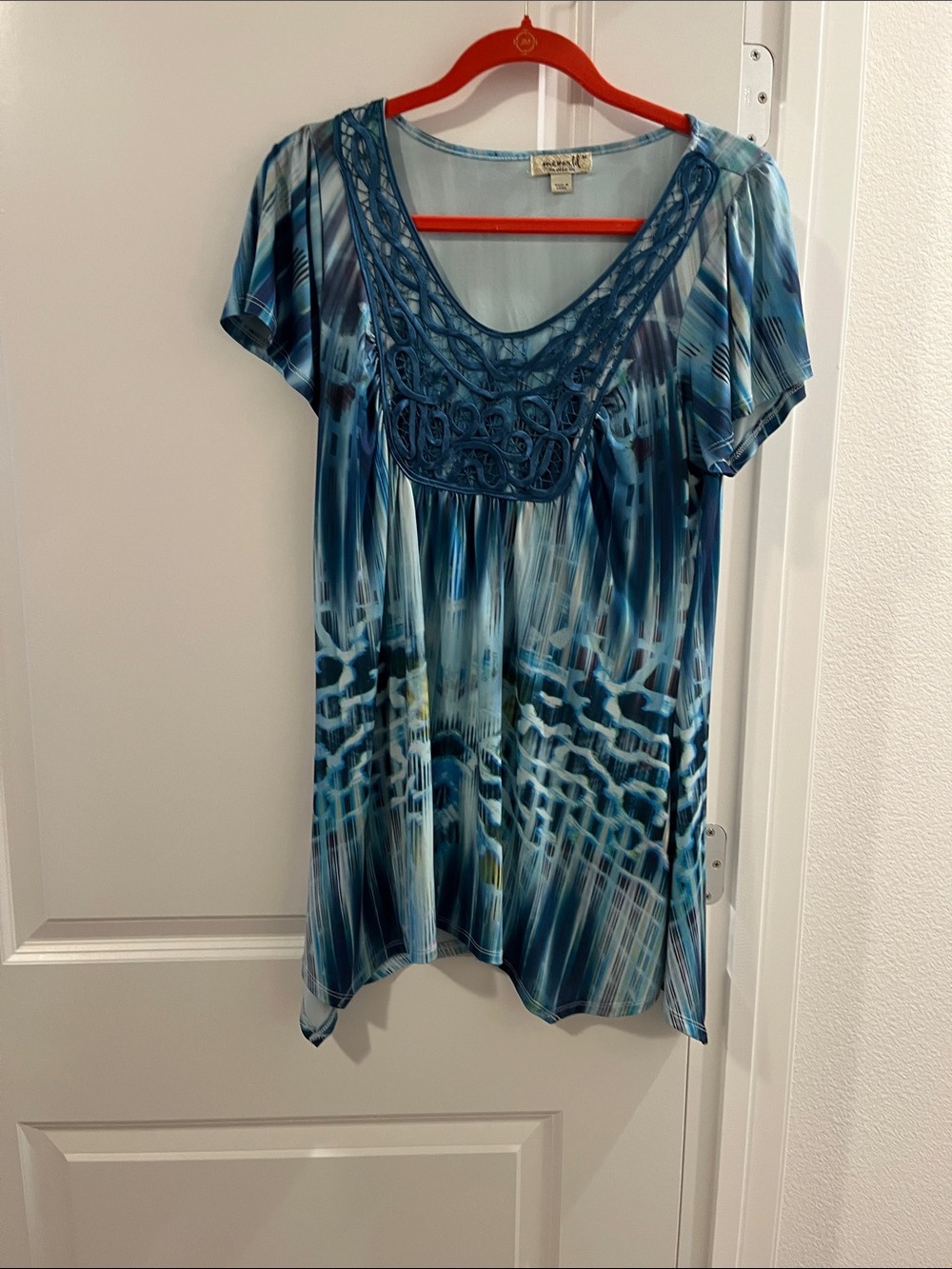 ONE WORLD Blue Teal Abstract Scoop-Neck Tunic with Crochet Yoke
